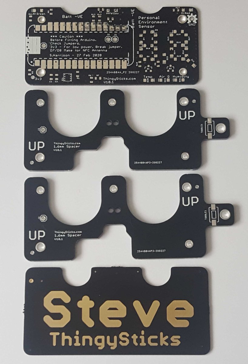 ThingySticks's tweet photo. OMG OMG OMG, the latest #PersonalEnvironmentSensor PCBs have arrived and they are looking darn sexy.

Personalized bottom layer PCB, black solder mask and ENIG  make a for stunning board. #JLCPCB #Arduino https://t.co/lB3y7Fs2TO