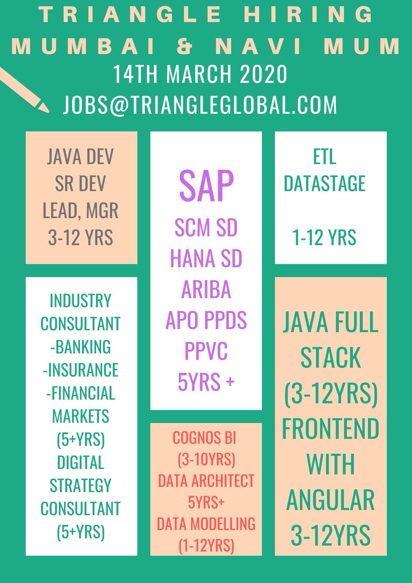 sumitragoenka's tweet photo. Hiring Immediately this week 14th March.
Early / Immediate joiners preferred.
#Java #Cognos #Angular #Bigdata #Datastage #SAP #DataModelling #DataArchitect
Mumbai and Navi Mumbai.
Candidates anywhere in India can apply.
Jobs@Triangleglobal.com
#growwithtriangle #jobs https://t.co/i3xYdAtUzV