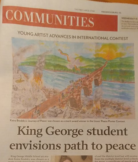 KGMS Artist featured in Free Lance Star
Congratulations, Keira Brodsky. She was featured in the Free Lance Star for her internationally recognized Peace Poster Contest Entry
<a href="/kgmsfoxes/">KGMS Foxes</a> 
<a href="/KGCSdivision1/">KGCS Division</a>