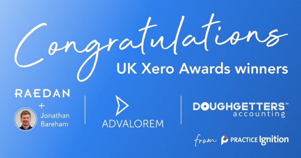 ignitionapp's tweet photo. A big congratulations to all of the @Xero UK Award winners, including Practice Ignition customers:
@AdValoremGroup - Mid Size Firm of the Year
@raedanCA - 100% Xero Firm of the Year
@JonathanBareham (Raeden founder) - MVP of the Year
@DoughGetters - Emerging Firm of the Year
👏🎉 https://t.co/yOG0EzHn7J
