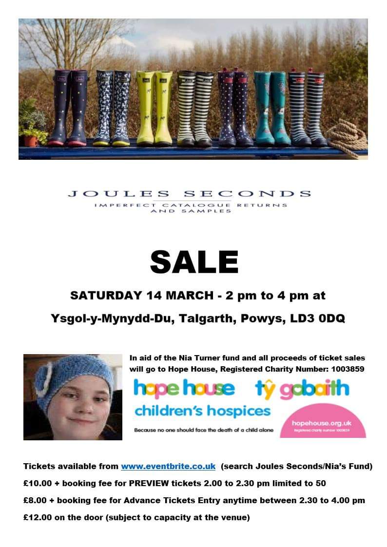 TalgarthMatters's tweet photo. .@HopeHouseKids fundraiser next Saturday 14th March at @YsgolDu, #Talgarth. Please act quickly to secure your spot! 👢👚🧦 https://t.co/LiySprMLJa