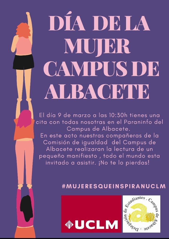 Nuestra delegada <a href="/marta_gh24/">MartaGH</a> junto con otros miembros de la Delegación <a href="/CampusAlbacete/">Delegación Campus AB</a> y <a href="/Charipmorote/">Rosario Pérez Morote</a>, Directora Académica del Vicerrectorado de Transferencia e Innovación leen el manifiesto del Día de la Mujer en el Campus de Albacete
#MujeresQueInspiranUCLM
#8M2020
<a href="/dafcee_ab/">Delegación de Alumnos FCEE AB</a>