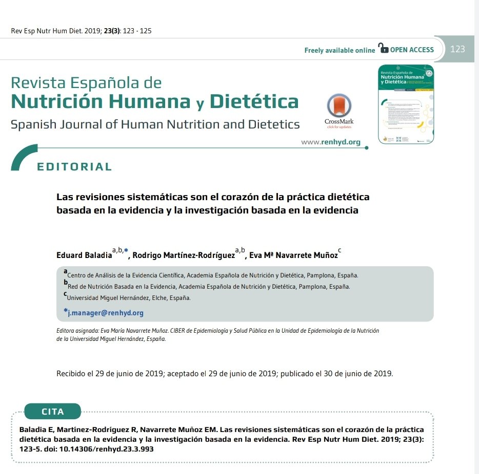 EBaladia's tweet photo. Mi granito de arena con las #RevSist, en forma de #Editorial en @renhyd_org - Las revisiones sistemáticas son el corazón de la práctica dietética basada en la evidencia y la investigación basada en la evidencia, junto a @emnavarretem y #Rodri_Go: https://t.co/J78a863IoT #HILO https://t.co/vHQVSr8WhM
