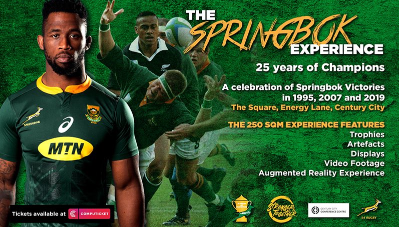 Springbok Experience 25 Years of Champions (@bokmuseum) on Twitter photo The Springbok Experience - 25 years fo Champions is opening at The Square,<a href="/CenturyCityZA/">Century City, Cape Town</a> on 20 March 2020. The smaller exhibition will feature some of the artefacts from the Springbok Experience, but there will be a strong focus on the Springboks’ Rugby victories since 1995. The Springbok Experience - 25 years fo Champions is opening at The Square,<a href="/CenturyCityZA/">Century City, Cape Town</a> on 20 March 2020. The smaller exhibition will feature some of the artefacts from the Springbok Experience, but there will be a strong focus on the Springboks’ Rugby victories since 1995.
