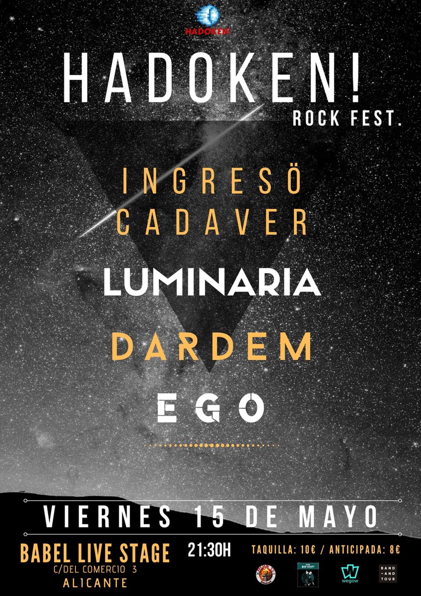 Éste es el cartel de lujo del concierto con el que pondremos punto y final a nuestra gira de presentación de "Himnos del desencanto". Será junto a #Ego , <a href="/Dardem/">Dardem</a> e <a href="/ingresocadaver/">Ingresó Cadáver</a> en Alicante, <a href="/SalaBabel/">Sala Babel</a> , el 15 de mayo.

Para leer más 👉m.facebook.com/luminaria.band…