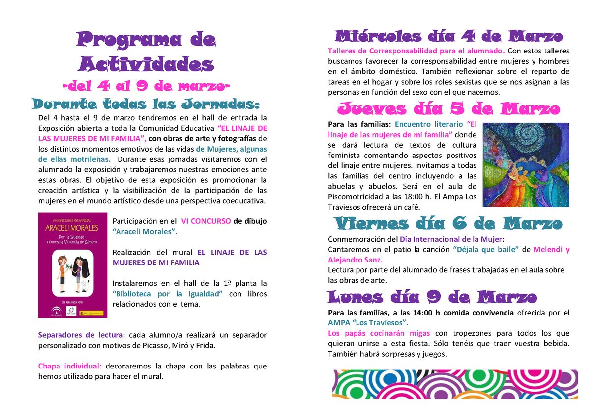 Programa de actividades de las Jornadas del Día Internacional de la Mujer, dentro del Pacto de Estado contra la violencia de género.  #convivenciaescolar #8M #DiaInternacionalDeLaMujer <a href="/IgualdadAND/">Inclusión Social, Juventud, Familias e Igualdad</a>