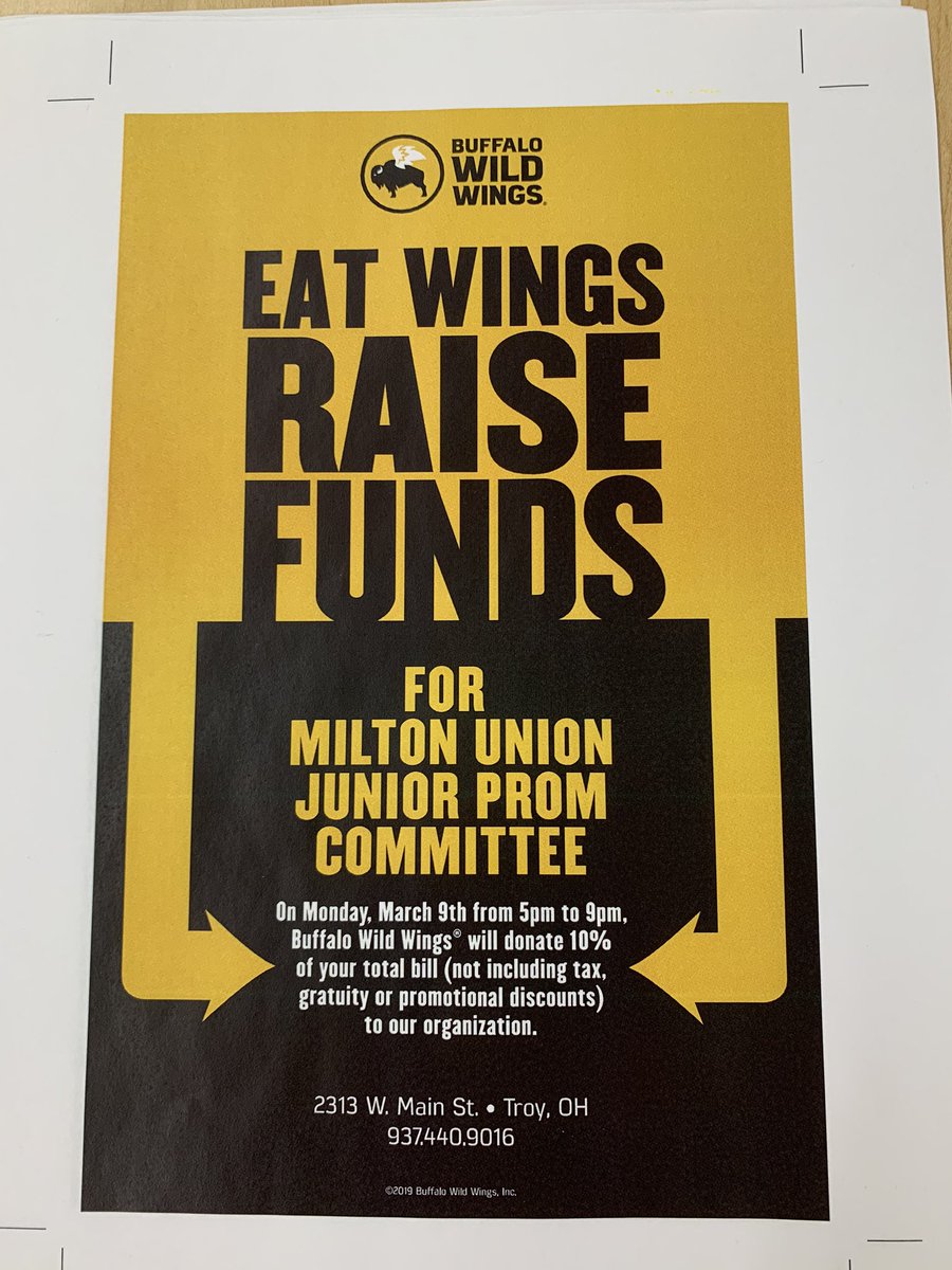 2021Mu's tweet photo. Buffalo Wild Wings fundraiser tonight!! In Troy from 5-9 pm.                         Make sure you are there so support the junior class‼️🍗🍗 https://t.co/CMQfFZltcz