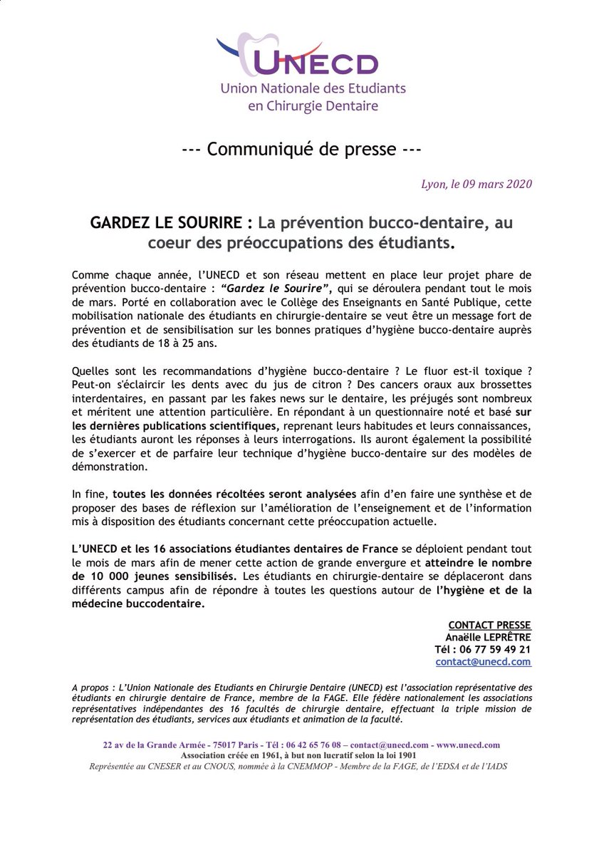 Ewen_LD's tweet photo. Lancement de l'édition 2020 de "Gardez le sourire", projet de sensibilisation à l'hygiène bucco-dentaire à destination des étudiants. En collaboration avec @CollegeSantePub
@UNECD
#objectif10000 #GardezLeSourire https://t.co/zdGFfqetHA