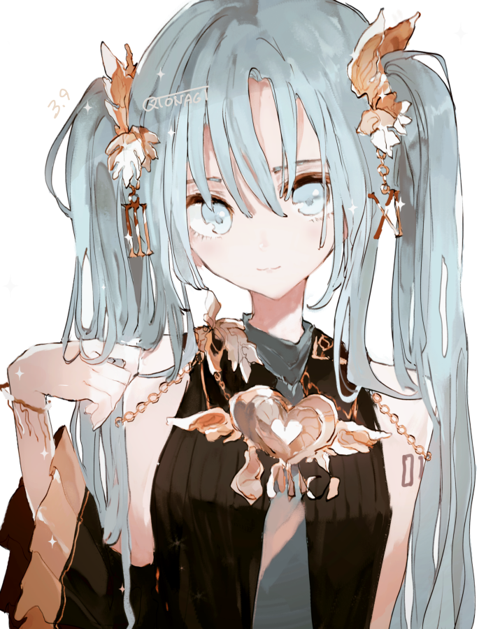 hatsune miku 1girl solo twintails long hair white background upper body detached sleeves  illustration images