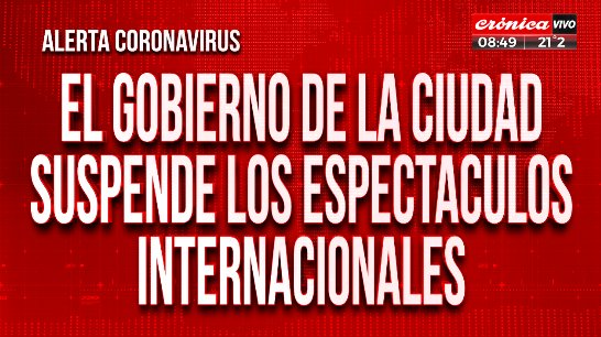 SantoEnCronica's tweet photo. #ÚltimoMomento | #Alerta #Coronavirus

- El #GobiernoDeLaCiudad prohíbe los espectáculos internacionales
- Hay setenta nuevos casos en cuarentena 

Recordá que #TuDenunciaEsNoticia en #CrónicaHD
Comunicate con nosotros → 1540829938 https://t.co/RvsDk0JhhB