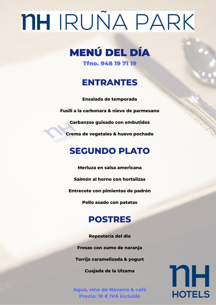 Como todos los lunes, os presentamos el menú que hemos preparado para esta semana. 😋

➡️ ¡Cocinar con amor 💙 te alimenta el alma! 

<a href="/NH_IrunaPark/">Hotel NH Iruña Park</a> <a href="/nhhotelses/">NH Hotels España</a> <a href="/NHHotels/">NH Hotels</a> @nhhotelgroup @TurismoNavarra <a href="/VisitPamplona/">Pamplona - Iruña Turismo</a> 👨‍🍳