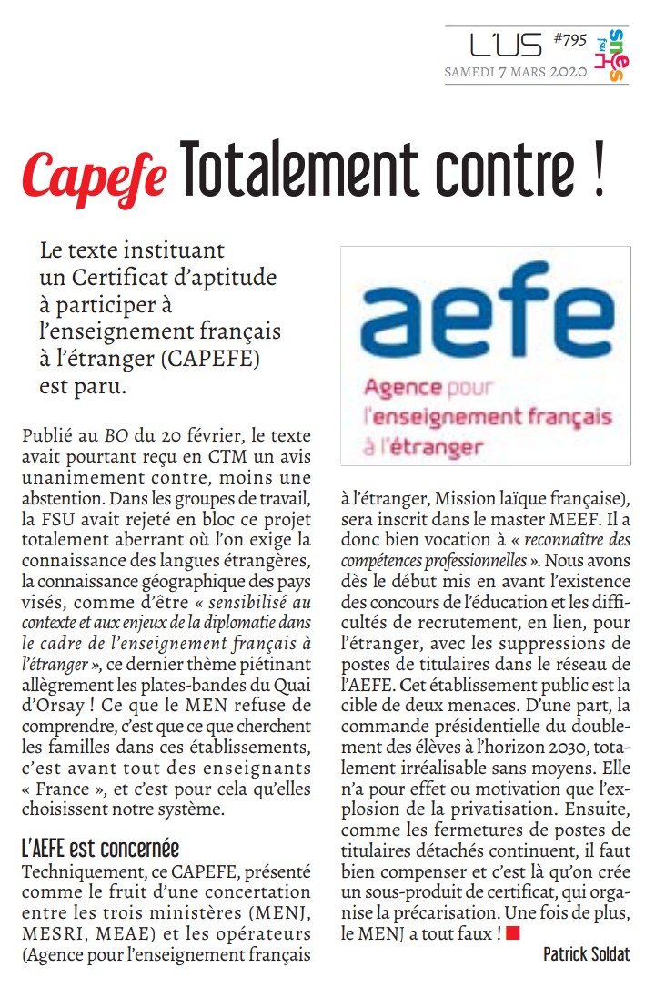 sneshdf's tweet photo. Certificat d'aptitude à participer à l'enseignement français à l'étranger (CAPEFE)
Arrêté publié malgré 14 voix contre et 1 abstention (0 pour) en CTMEN, comité technique ministériel @EducationFrance...
Article dans l'@USyndicaliste : https://t.co/BajPAZ5Yuk
#AEFE #AEFEendanger https://t.co/YjpwMkzsvb