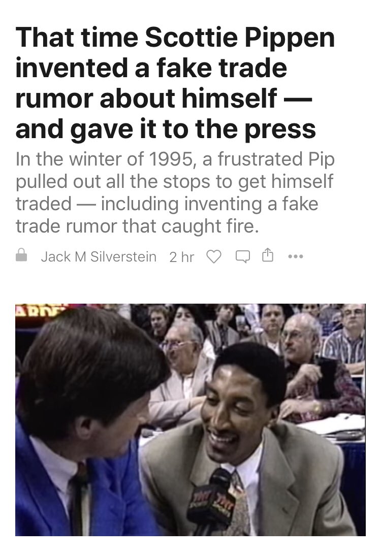 Scottie Pippen was part of trade rumors for much of his Bulls career.In today’s newsletter, I look at the time Pip secretly invented a trade about himself, floated the rumor to reporters, and then commented publicly on the likelihood of it happening. https://readjack.substack.com/p/how-scottie-pippen-once-tried-to