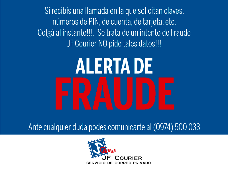 JFCOURIERBOX's tweet photo. Si recibís una llamada en la que solicitan claves, números de PIN, de cuenta, de tarjeta, etc. Colgá al instante!!!. Se trata de un intento de Fraude. JF Courier NO pide tales datos!!! #fraude https://t.co/bTXYrv0liA