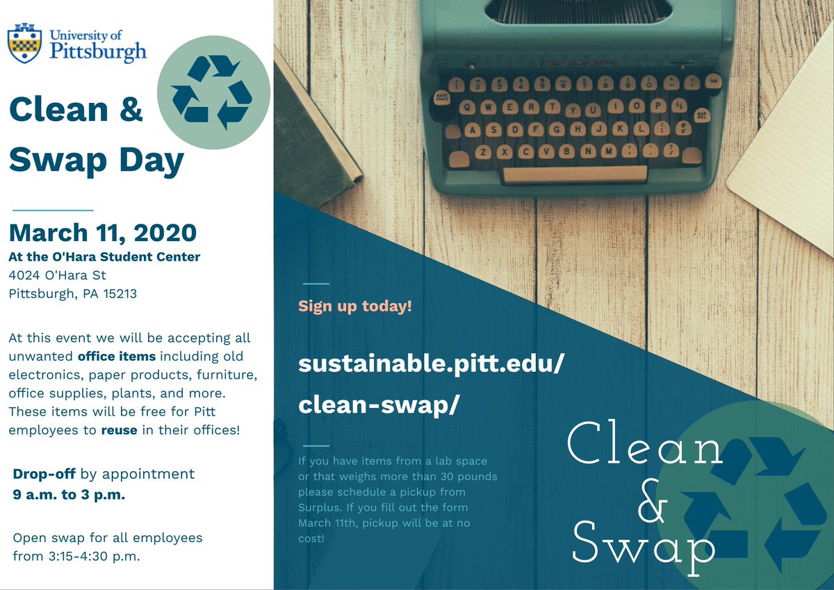 It's still #Recyclemania -- and to help you clean out your #Pitt office and get everything reused or recycle, we're offering Pitt Clean &amp; Swap Day on Wednesday, March 11.  Learn more: at.pitt.edu/news/clean-and…