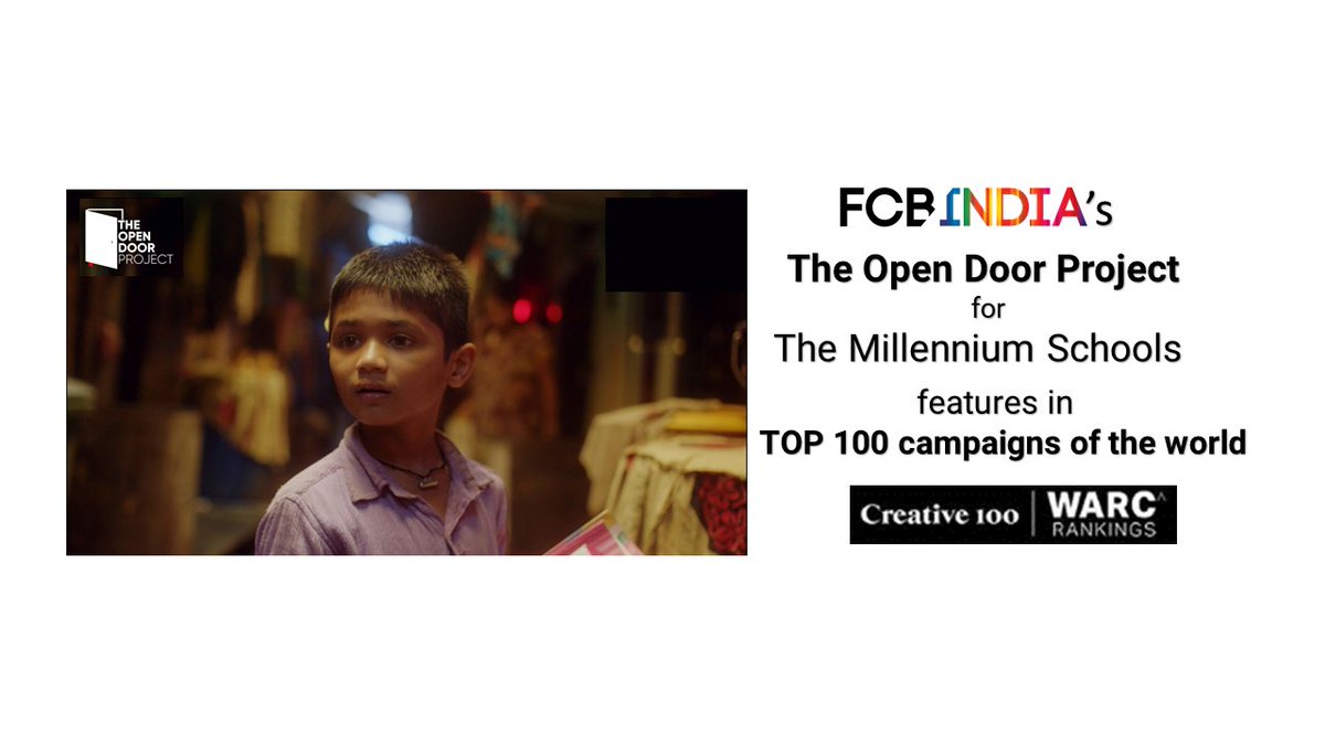 FcbUlka's tweet photo. #FCBIndiaAccolades
Our award winning campaign #TheOpenDoorProject features in the TOP 100 campaigns in the world by WARC Creative 100!
#FCB #FCBIndia #NeverFinished #WARC #Creative100 #Top100Campaignsoftheworld @TheMillenniumSchools @WARCEditors https://t.co/0OIpguYdYp