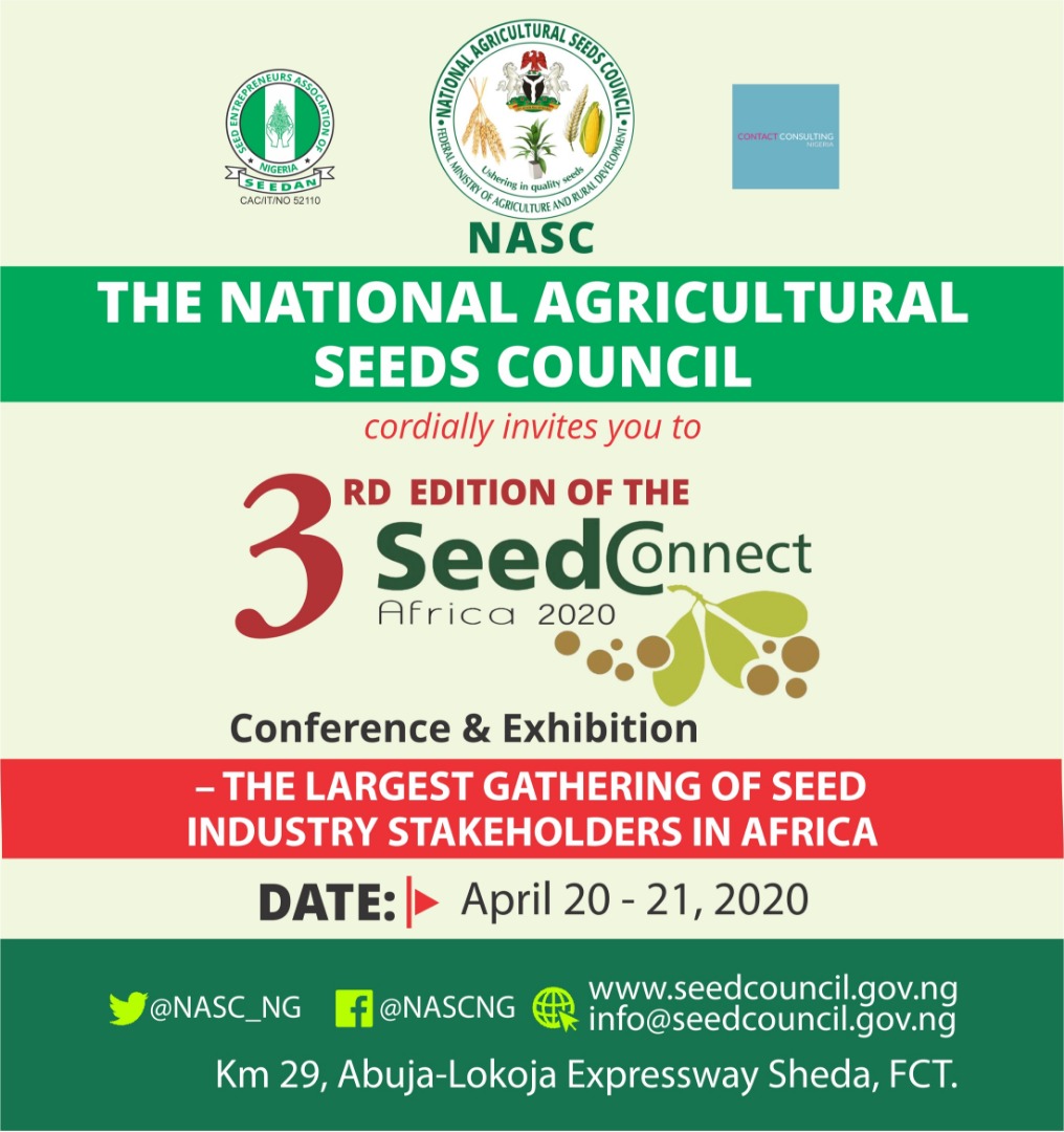 The 3rd Edition of the SeedConnect Africa Conference &amp; Exhibition ↔️↔️ SeedConnect Africa 2020 is here!
Theme: “Consolidating on the Gains and Impact of a Viable Seed System for Nigeria’s Economic Development and Food Security”
Register on: 🌍 seedconnect.ng 🌍
<a href="/FmardNg/">Fed Min of Agric & Food Security</a>