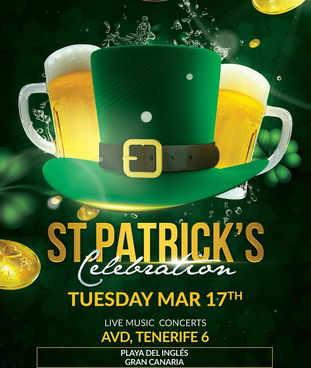 GreenfieldHGC's tweet photo. San Patricio 2020 se acerca. La superfiesta en Playa del Inglés el Martes 17 de Marzo está asegurada.

St. Patrick 2020 is coming. The super party in Playa del Inglés on Tuesday, March 17 is guaranteed. https://t.co/9bdKXgj2lh
