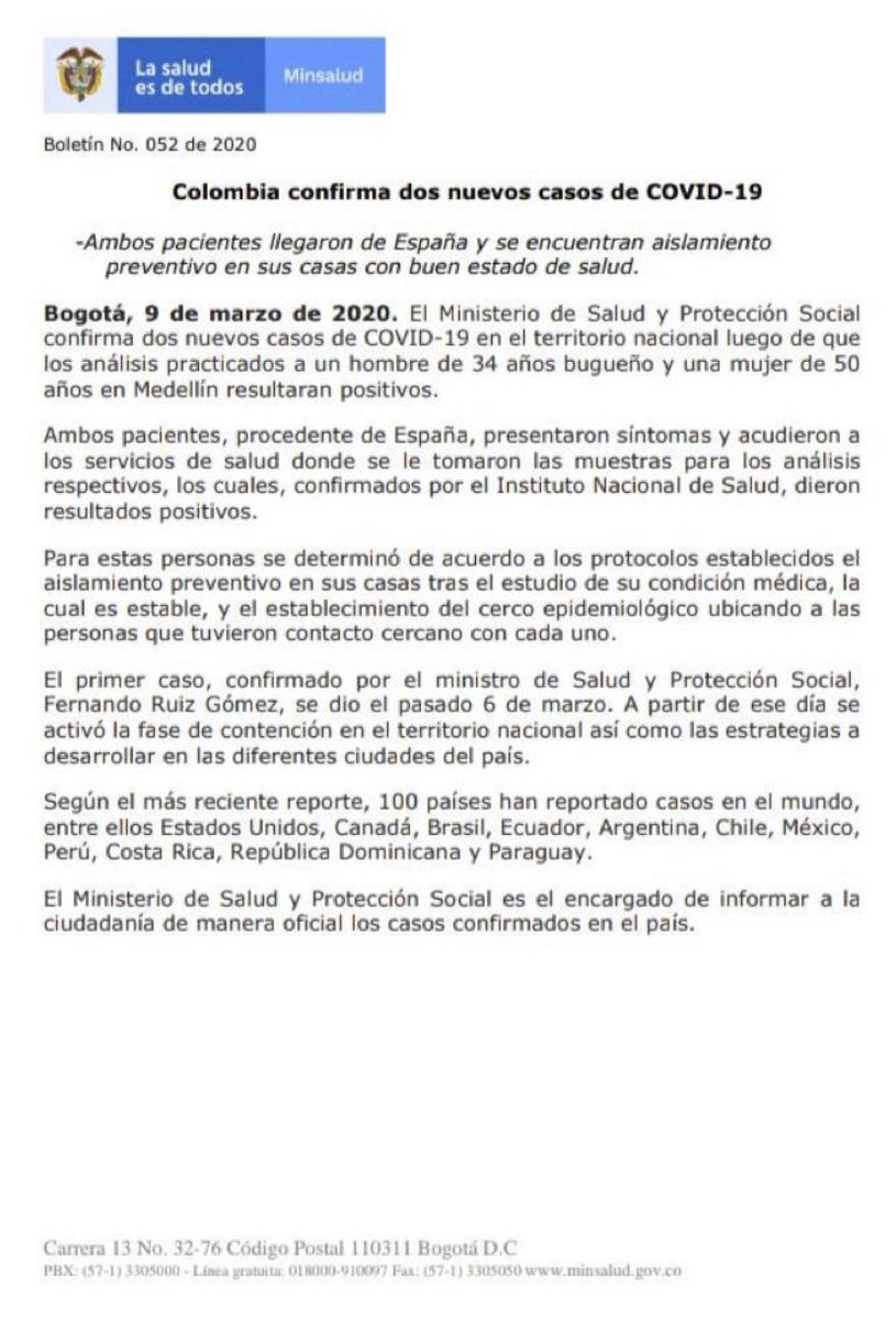 MinSaludCol's tweet image. Confirmamos dos nuevos casos de COVID-19 en el Valle del Cauca y Medellín. Se trata de un hombre de 34 años y una mujer de 50 años, procedentes de España. Ambos se encuentran en buenas condiciones de salud y permanecerán en aislamiento preventivo en sus casas.