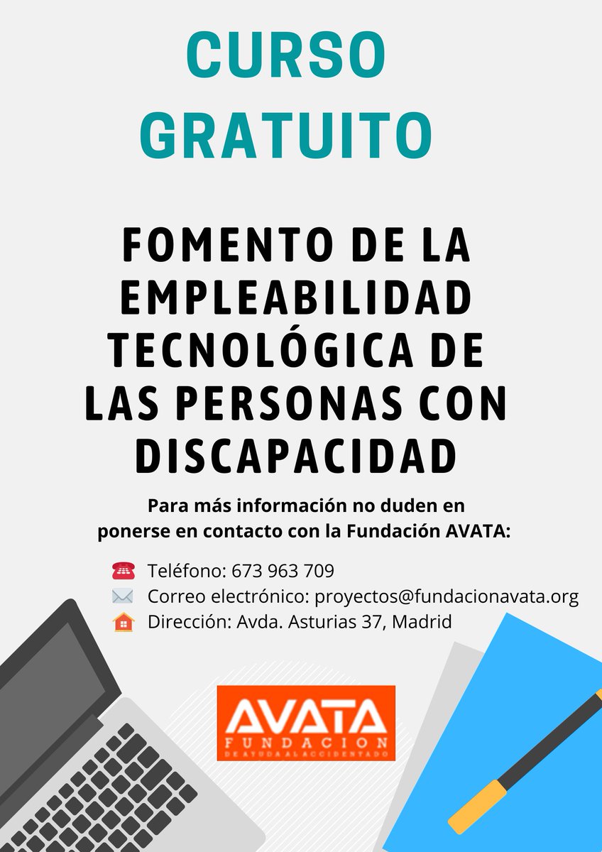 FundacionAVATA's tweet photo. 💻 ¡Buena noticia! Durante los próximos meses ofreceremos los cursos: Fomento de la empleabilidad tecnológica en personas con discapacidad.
🔶Si tienes el certificado de discapacidad o conoces a alguna persona con discapacidad.
ℹ️ Más info: https://t.co/7BhPafrBxr #cursos #gratis https://t.co/MvEwGqWoA0