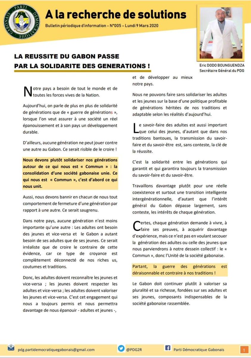 #SECRÉTARIAT_EXÉCUTIF | A LA RECHERCHE DES SOLUTIONS👇

➡️LA RÉUSSITE DU GABON PASSE PAR LA SOLIDARITÉ DES GÉNÉRATIONS !⤵️⤵️⤵️