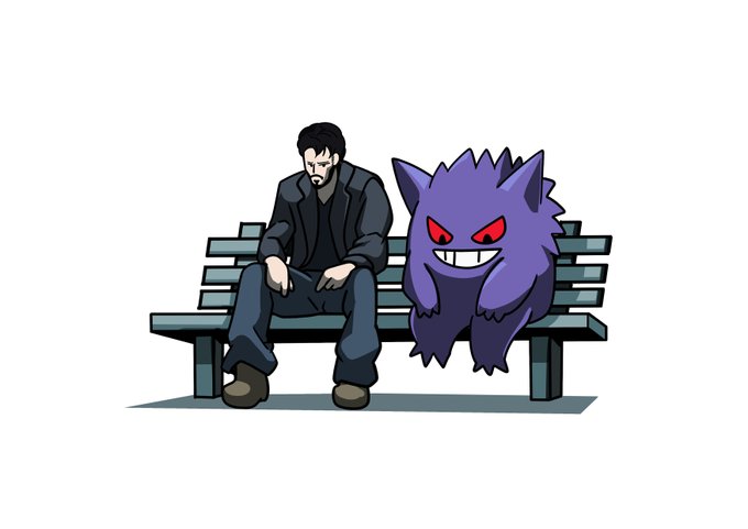 #Pokémon #イラスト  #ポケモン #ポケモンと生活
ちょこんと座る ゲンガーとキアヌ・リーブス 
