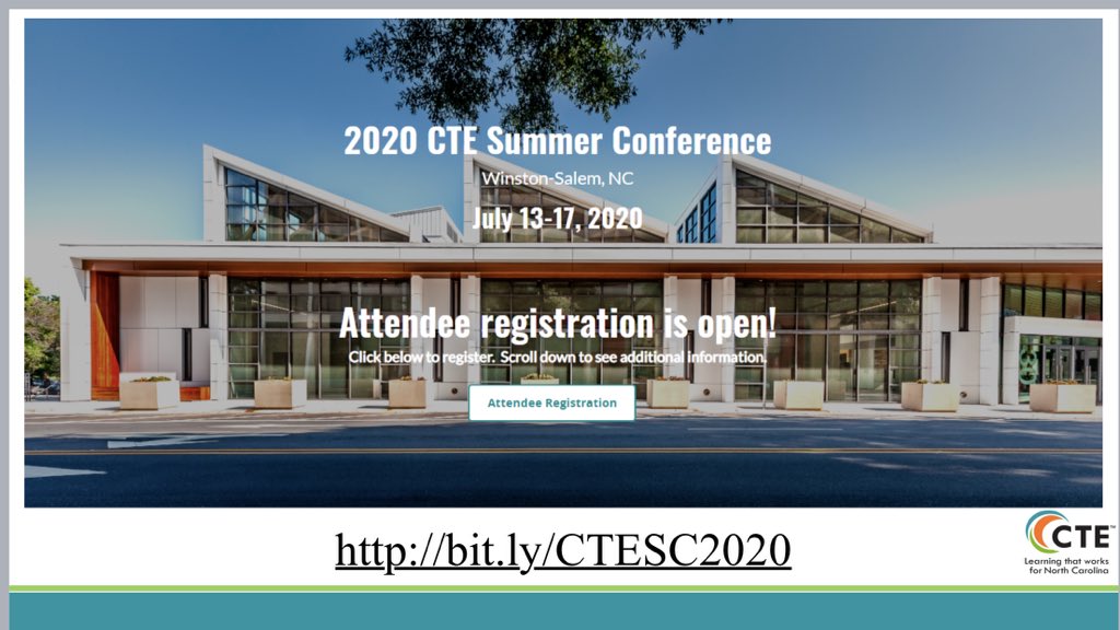 pamrtaylor1's tweet photo. Register now for the NC CTE Summer Conference! Join us in Winston Salem this July for CTE collaboration #CTEforNC #CTE2020 #NCCTESummerConference2020 https://t.co/oevuhGM1VY