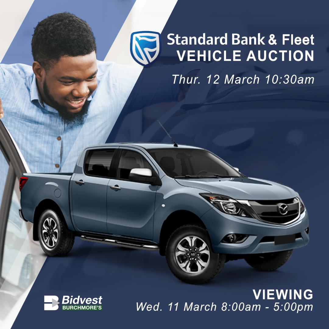 PRE-AUCTION VIEWING! - DBN
Standard Bank &amp; MFC vehicle auction
Thu, 12 Mar, 10:30am
More info: burchmores.co.za/auction/935
WhatsApp helpline: 067 036 1611 (text only)

Finance available on site!
Finance available:
Dineshni or Karishma on 031 263 1800