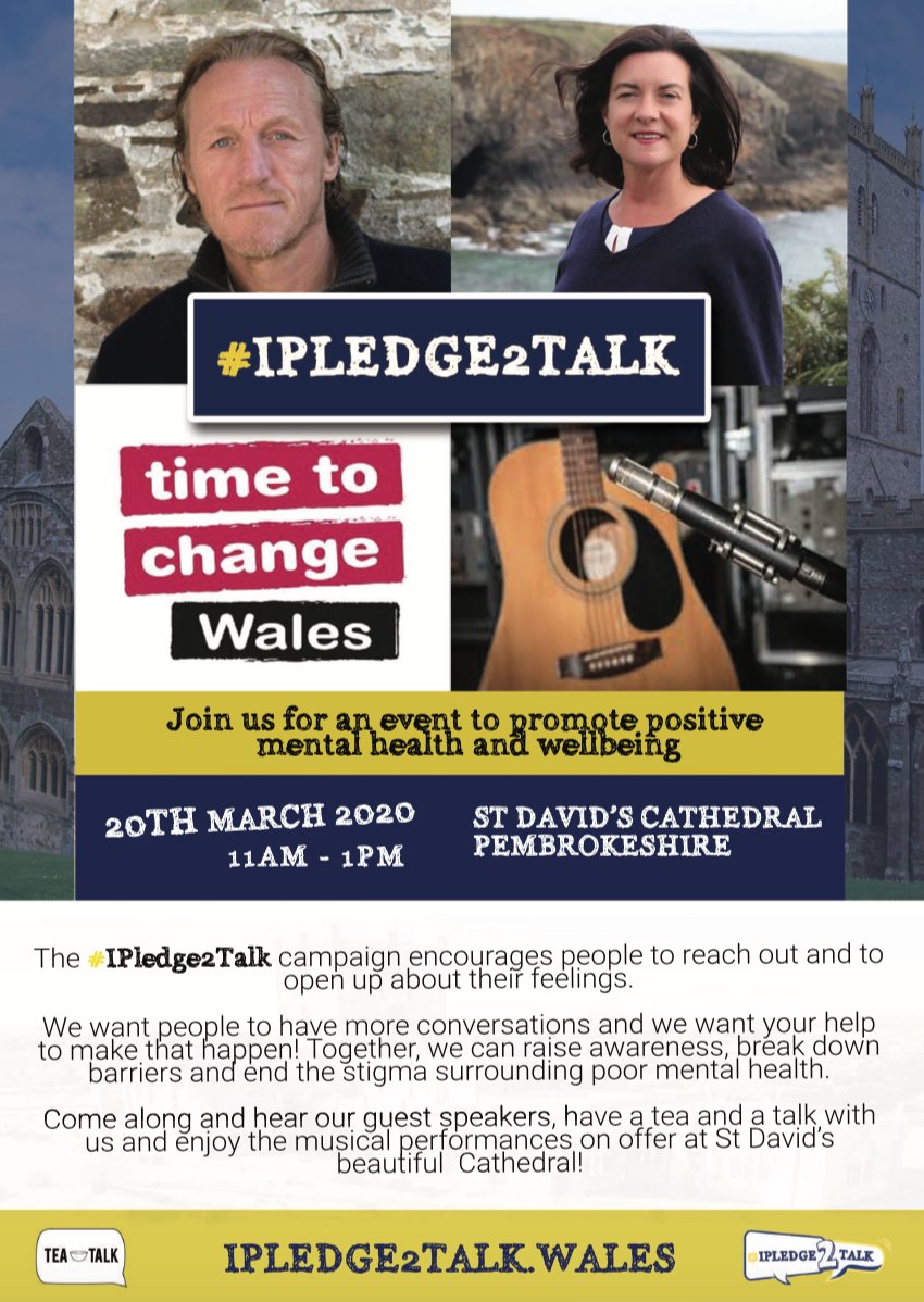 Eluned_Morgan's tweet photo. Join us at @StDavidsCath on Friday 20th March for an informal awareness event with @TTCWales & @JeromeFlynn ! We're working to challenge stigma and discrimination by getting people to talk about #mentalwellbeing - come along & support the campaign! #IPledge2Talk #Pembrokeshire https://t.co/SQCvPjPeuf