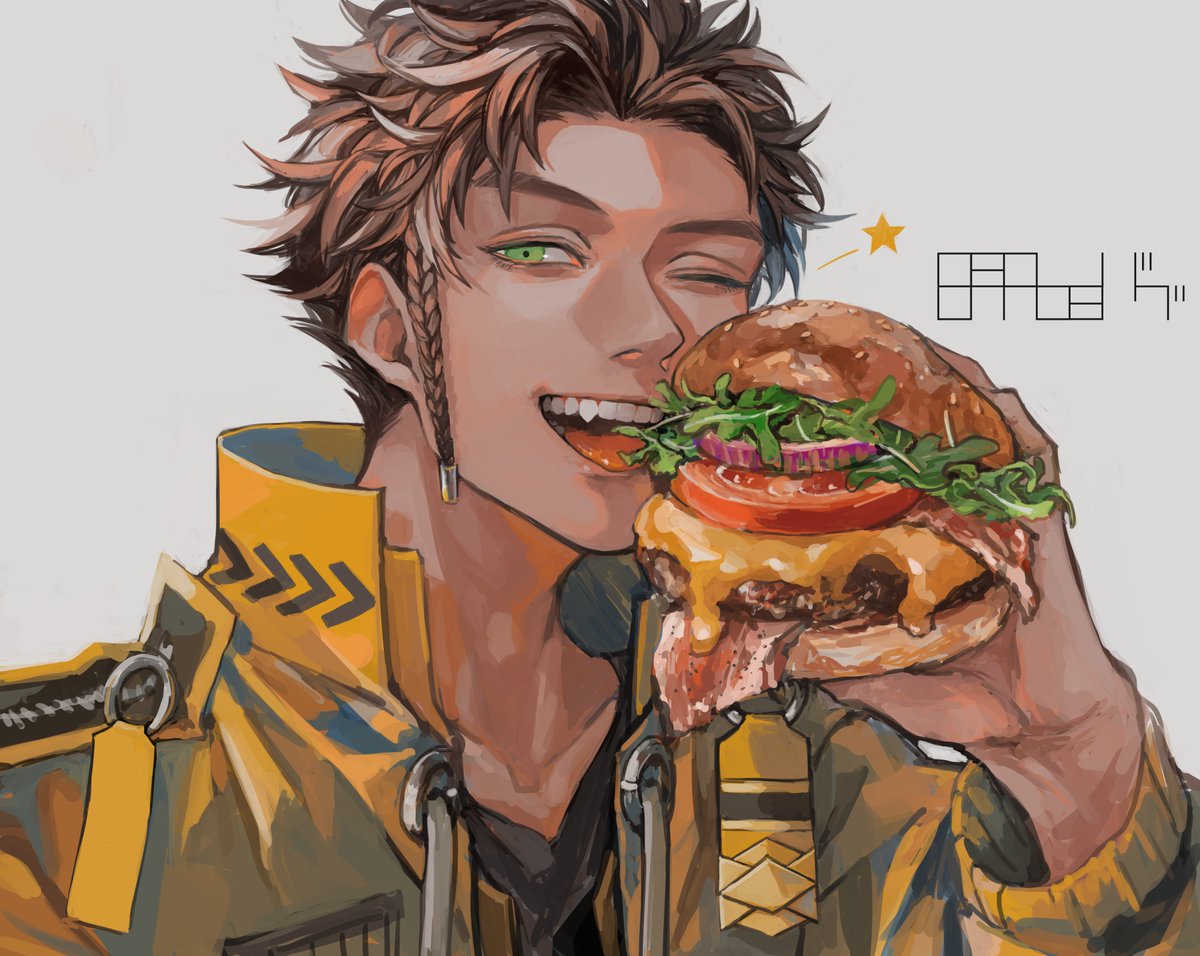 claude von riegan 1boy male focus food eating green eyes burger solo  illustration images