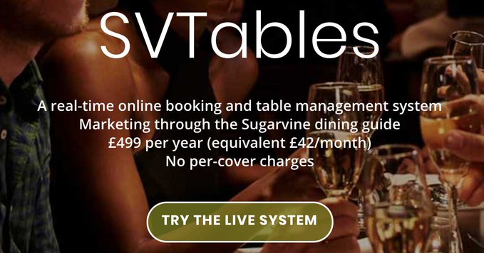 Calling restaurateurs and publicans!
⠀⠀
SVTables – Online booking system with no per-cover charges or monthly fees.
⠀⠀⠀
• No per-cover charges
• No set-up costs
• No monthly fees
• No paying for existing customers
⠀⠀⠀
Try the live system here: sugarvinetables.com