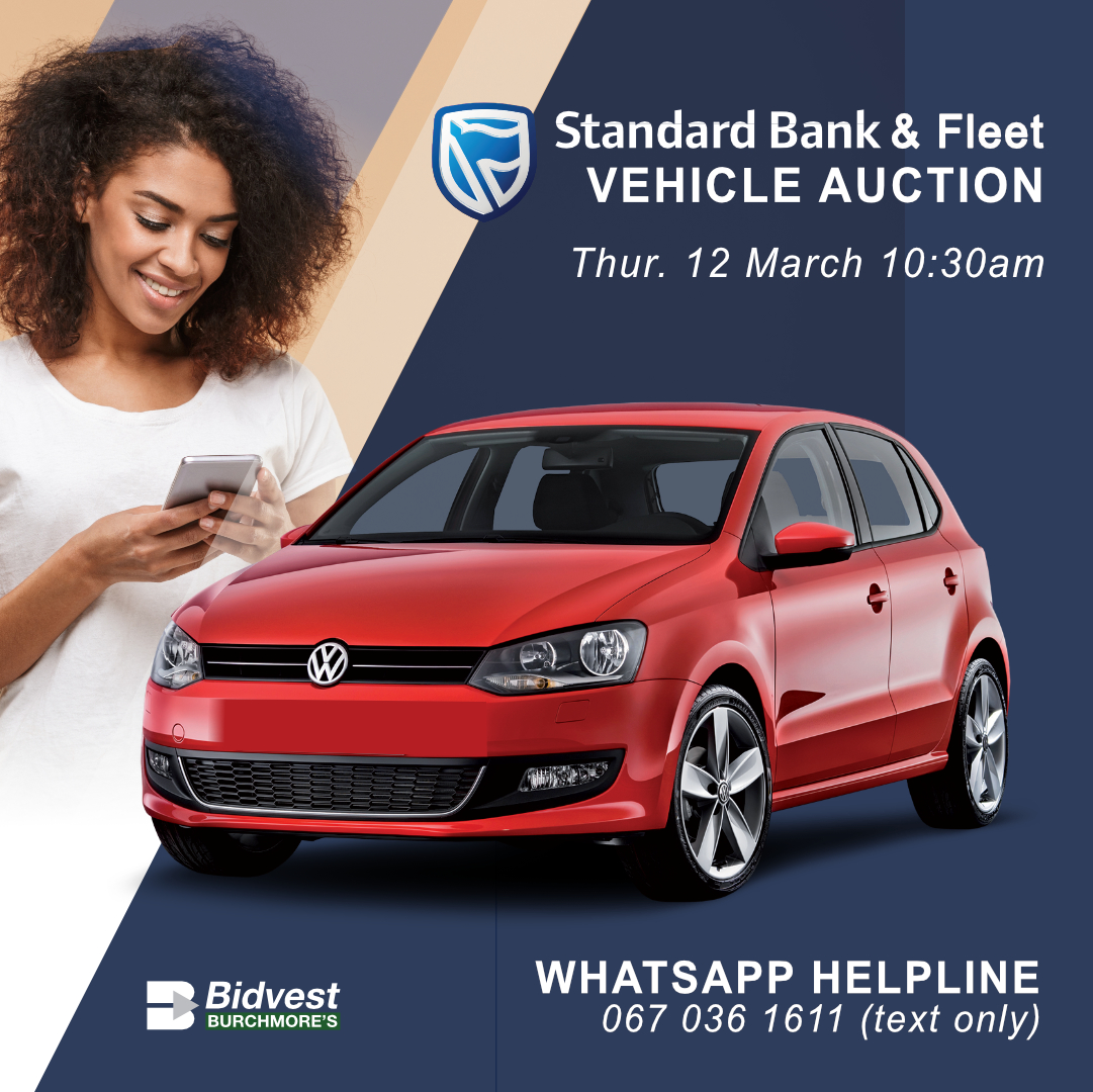 WHATSAPP US FOR MORE INFO! - DBN
Standard Bank &amp; MFC vehicle auction
Thu, 12 Mar, 10:30am
More info: burchmores.co.za/auction/935
WhatsApp helpline: 067 036 1611 (text only)

Finance available on site!
Finance available:
Dineshni or Karishma on 031 263 1800