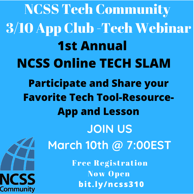 MHMSFinney's tweet photo. The @TechNCSS is looking forward to our first Tech Slam webinar. Tuesday 3/10 at 7:00 EST. Share your favorite tool and resource. Leave the webinar with a large list of resources. Free Registration at https://t.co/5tm362igXJ https://t.co/wOPAMTFYZ2