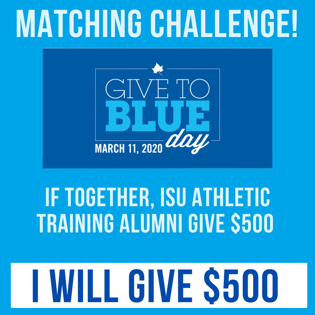 isuathltraining's tweet photo. Alumni Challenge for #GivetoBlueDay If #STATE Athletic Training gives $500, so will @Matt_RiveraDAT #TwoTimeAlum #TraditionofExcellence #ForgingtheFuture
https://t.co/6SQig1CLvC https://t.co/gQ6IZSY4SX
