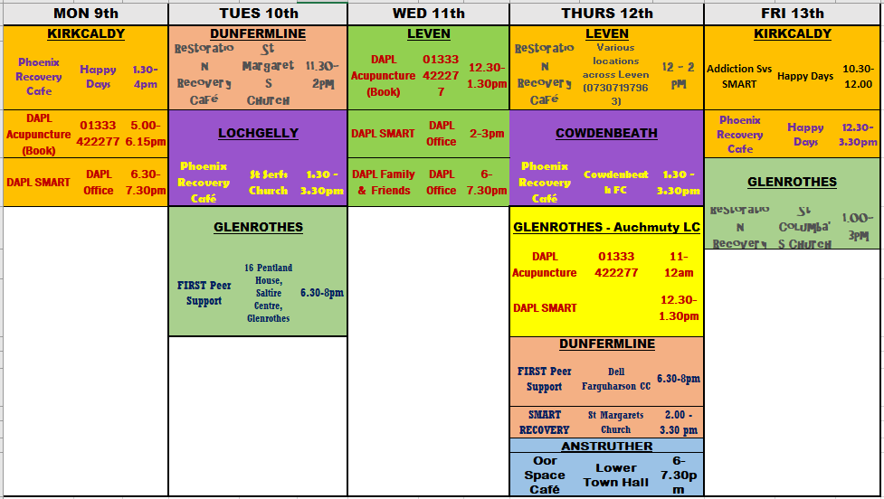 Upcoming Recovery Groups and Activities in Fife this week. @RecoveryDAPL <a href="/firstforfife_uk/">FIRST</a> @RecoveryinFife <a href="/Phoenix_Scot/">Phoenix Futures Scotland</a> <a href="/FifeADP/">Fife ADP</a> <a href="/cluedupproject/">Clued Up</a> <a href="/FASSFife/">Fife Alcohol Support</a> <a href="/AddactionFife/">Addaction Fife</a> <a href="/UKSMARTofficial/">UK SMART Recovery</a> <a href="/smart_central/">UK SMART Recovery, central Scotland</a> <a href="/nhsfife/">NHS Fife</a>