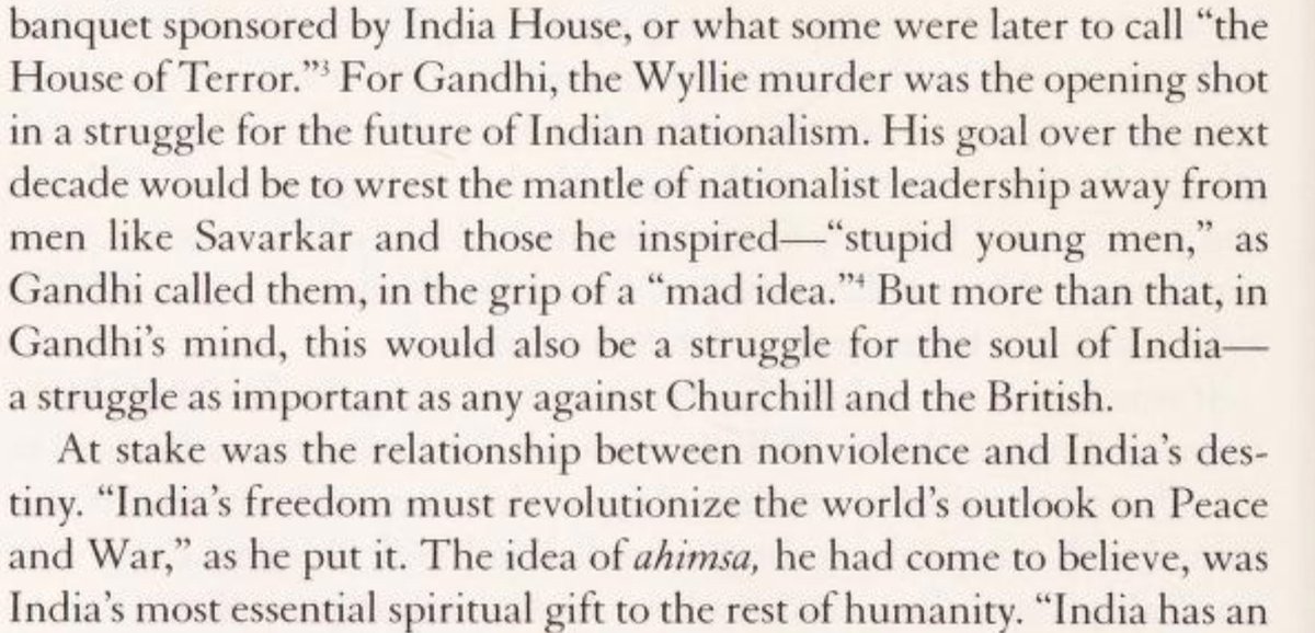 Anyways, it starts to get typical now. By 1910, the freedom movement had turned violent with the likes of madan lal dhingra, aurobindo, savarkar espousing a militant hindu youth. Gandhi was disgusted at this & called them 'stupid young men' in the grip of a 'mad idea'