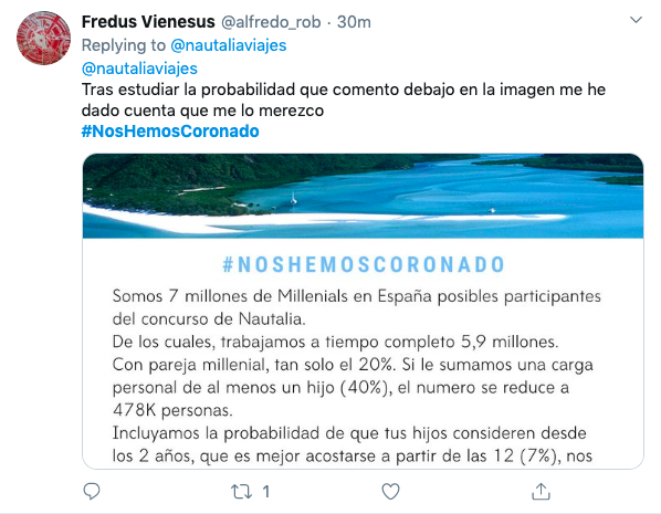 nautaliaviajes's tweet image. 3⃣ Finalista: @alfredo_rob
Según nuestros cálculos estás a ⅓ de ganar el viaje al Caribe. ¿En menos de 3h cuántos RT puedes conseguir?
#LasVueltasDanMuchaVida
📢 RT este tweet para ganar