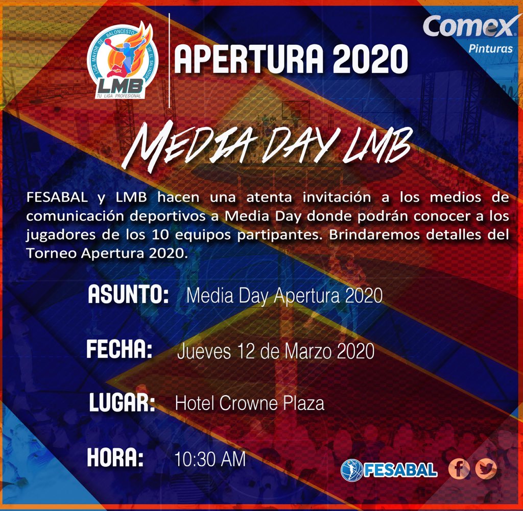 |🏀🏆🇸🇻#AP2020 #MediaDayLMB|

📸🎥Media Day LMB

FESABAL y LMB 🏆hacen una atenta invitación a los medios deportivos a Media Day LMB donde presentaremos  equipos participantes, presentación de jugadores extranjeros y nacionales LMB y se brindará información de Apertura 2020: