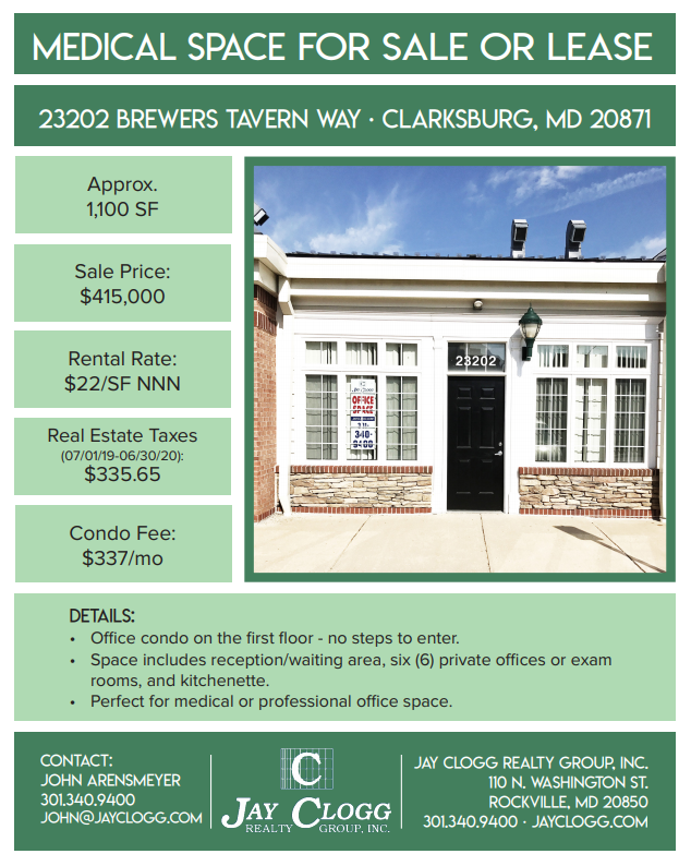 Medical Space for Sale or Lease in Clarksburg, MD! 👩‍⚕️👨‍⚕️
First floor - no steps to enter. Space includes reception/waiting area, 6 private offices or exam rooms, and kitchenette. Please contact us for more info! 301-340-9400 
#commercialrealestate #cre #medical #officespace #MD