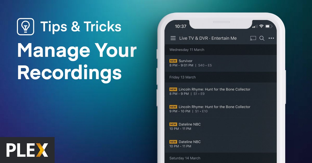 plex's tweet photo. #PlexPass makes it super simple for DVR users to manage their recordings, even on the go. See what content is set to record, adjust priority for recordings, and resolve any recording conflicts you might have. #PlexTips https://t.co/UqATU42doh https://t.co/Nlhw55ADf8