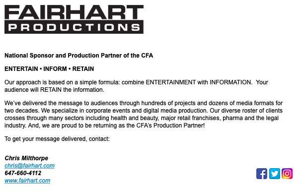 FairhartP's tweet photo. In case you missed it, @FairhartP was featured in Friday's CFA Updater.  We are proud to be returning as the @CFAFranchise's Production Partner. This is 1 of 6 Updater messages. #CFAGrowingTogether  #CFA2020 https://t.co/Mku9fv8maG
