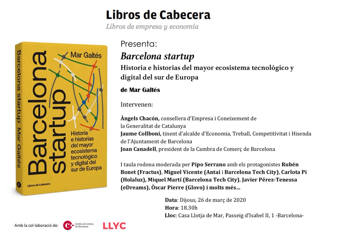 margaltes's tweet image. SAVE THE DATE! El proper dijous 26, a les 18:30, a la Casa Llotja de Mar, presentarem #BarcelonaStartup @libroscabecera Si voleu venir, apunteu-vos: eventbrite.es/e/entradas-pre…  El 23 arriba a les llibreries i també el podeu comprar ja a librosdecabecera.com/barcelona-star…