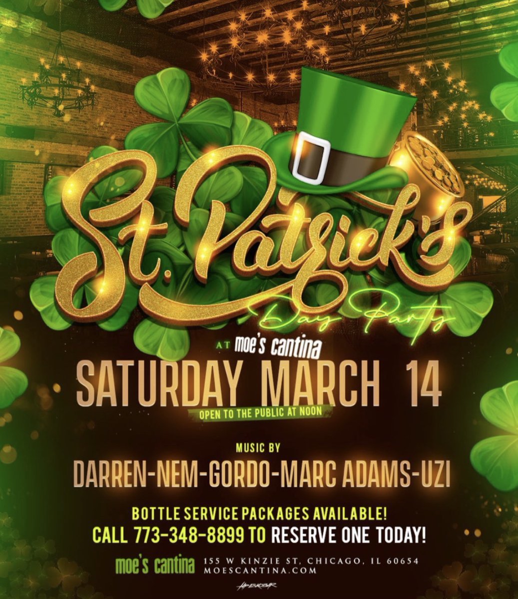 Moes_RN's tweet photo. The St. Patrick’s Day shenanigans are almost here! 🍀#MoesCantina 
 
Beat the lines and book your bottle service table today! 🍾 https://t.co/jmYTDtDLYj
