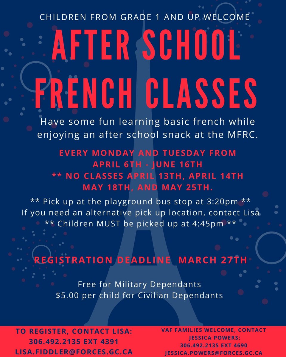 A new session of Afterschool French Classes starts April 6th.  Contact Lisa today!