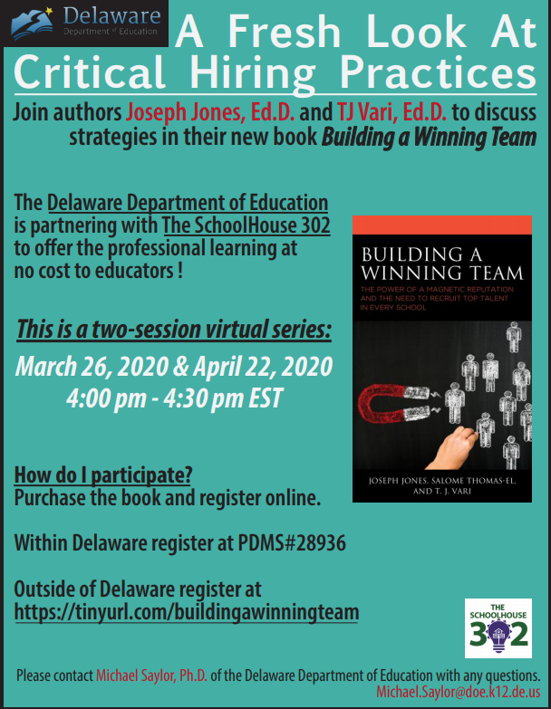 tjvari's tweet image. Join this 2-part virtual learning experience on #BuildingAWinningTeam. 

We'll dive into the key tools &amp;amp; tactics that improve hiring practices in schools &amp;amp; districts. 

Thanks to @MSaylorPhD &amp;amp; @DEDeptofEd, this is FREE to anyone in Delaware &amp;amp; beyond.