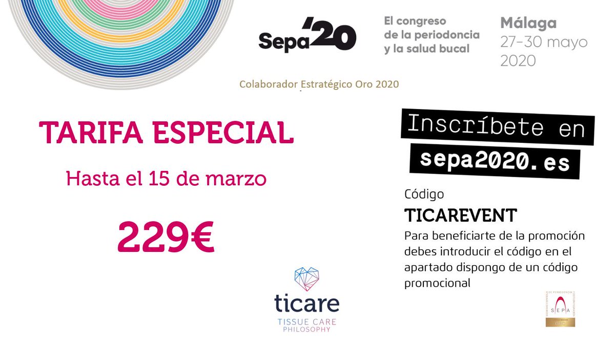 ticareimplants's tweet photo. 📢TARIFA ESPECIAL‼️ #ticareimplants es colaborador estratégico oro de #Sepa2020 por ello inscríbete en el Congreso utilizando el código promocional TICAREVENT antes del 15 de marzo. ¡No te quedes sin tu plaza! https://t.co/Z5wTLiDNf5 https://t.co/VpEthkzkhe
