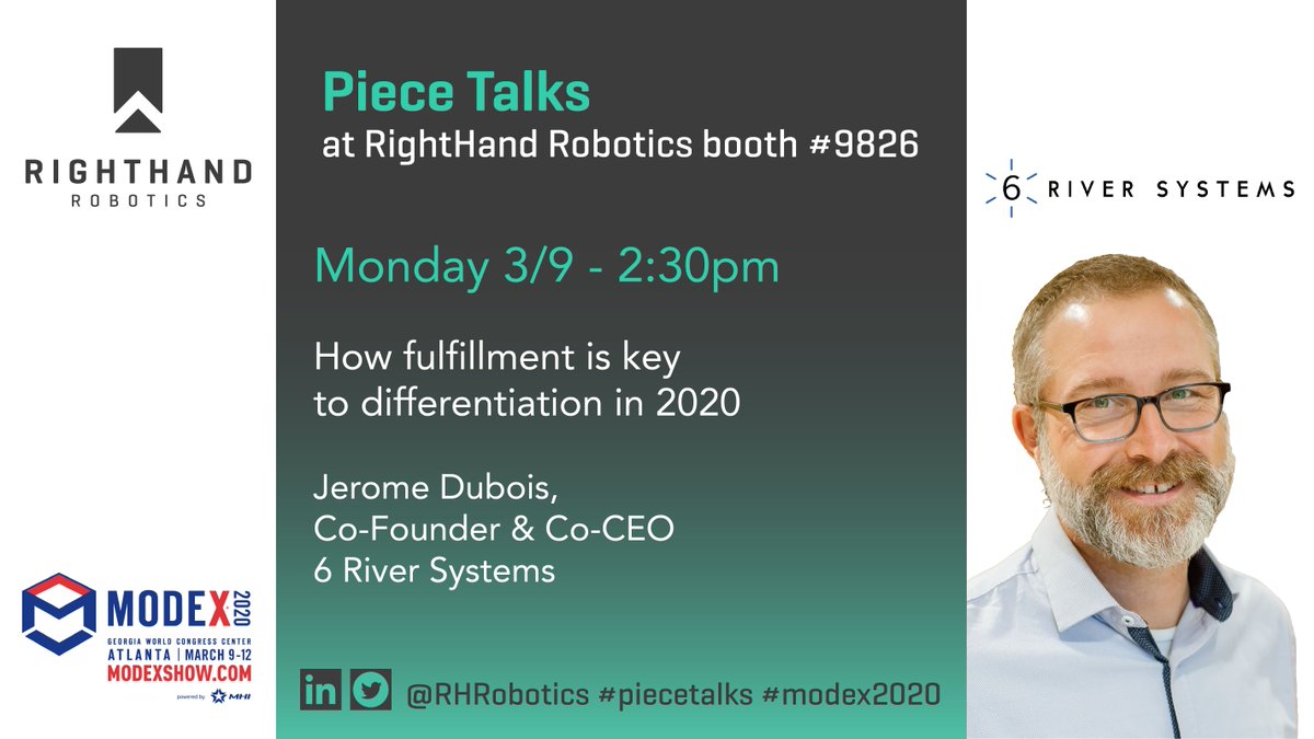 RHRobotics's tweet photo. If you're by booth #9826, come by to experience our #PieceTalks sessions. The next one starts at 2:30pm with @6riversystems' co-founder @jeromeadubois. cc @poweredbymhi https://t.co/K5iFpgRqPo