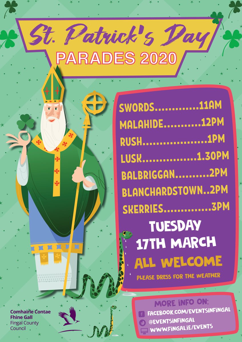 EVENTSinFingal's tweet photo. Following a detailed risk assessment of the threat posed by Coronavirus (COVID-19) all 7 Parades across the county are cancelled. 
Special mention to the 1000s of volunteers that work tirelessly in our communities #ThankYou 🇮🇪 
#StPatricksDay ☘️ https://t.co/MUDCZUovZl