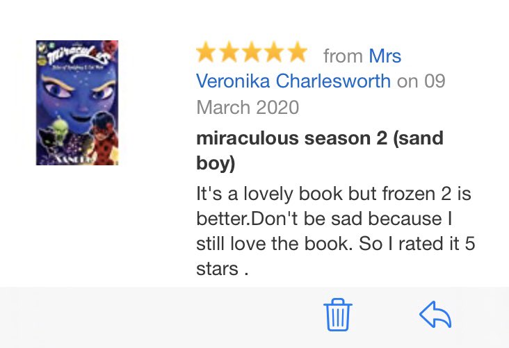 v_charlesworth_'s tweet photo. Emilia got into my Amazon account and reviewed some books. I now appear as an avid reader of the Miraculous Ladybug series. I love how she’s trying to spare their feelings 😂 #kidstricks #kidsreading https://t.co/WfbbP9afzt