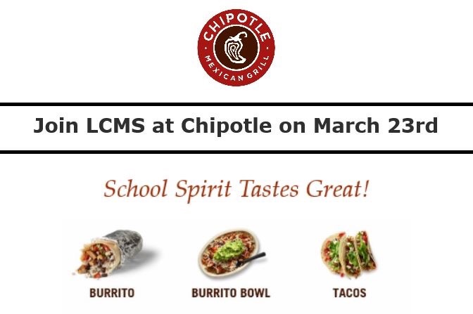 Mark your calendars and make dinner a selfless act by supporting Los Cerros' upcoming Chipotle fundraiser! 33% of all IN-STORE purchases will go back to our school!